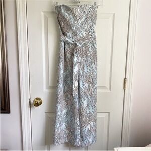 H&M Strapless Leaf Print Jumpsuit - Light Blue and Brown